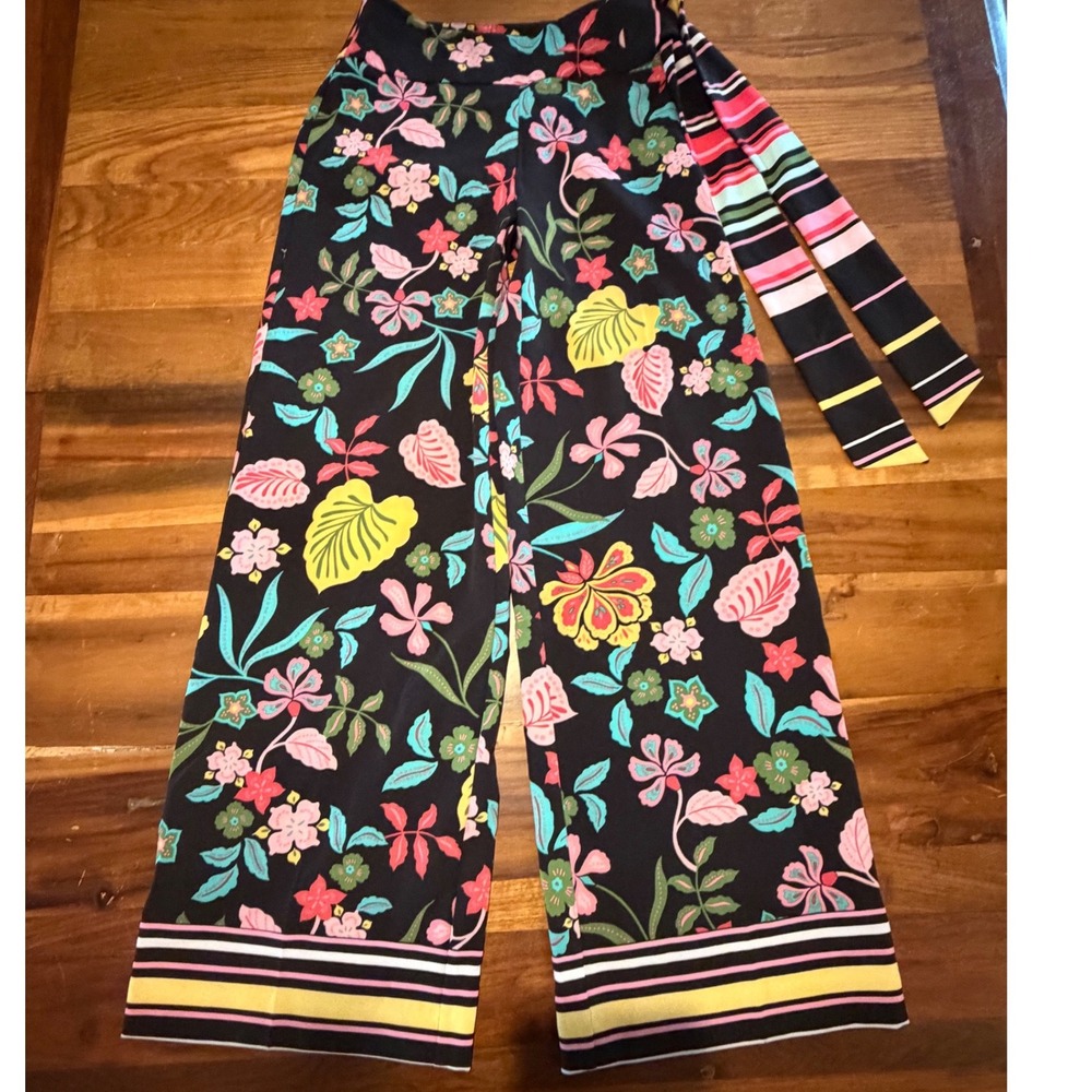 New York & Company Floral Wide Leg Pants Black Tropical Striped Belt XS